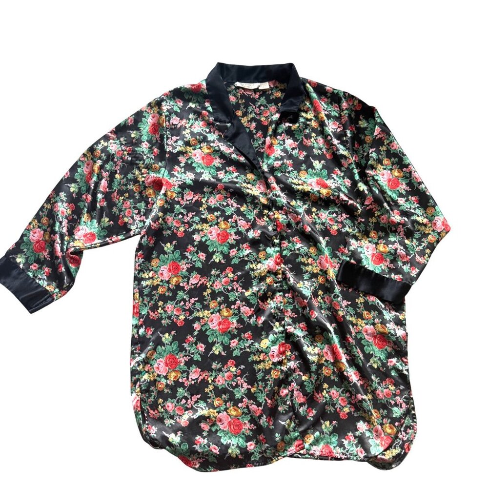 Victoria's Secret Gold Label Pajama Top L Black Floral Satin Sleep Shirt